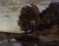 Fischer Bootfahren entlang einer Bewaldete Landschaft plein air Romantik Jean Baptiste Camille Corot